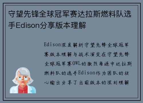 守望先锋全球冠军赛达拉斯燃料队选手Edison分享版本理解